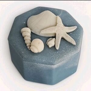 Vintage Incolay Stone Trinket Box Blue Octagon Seashells Starfish Beach READ